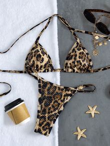 SHEIN Swim 女款優雅Y2K豹紋兩件式比基尼套裝，亮片掛脖三角上衣與高衩丁字褲，米色夏季休閒海灘度假泳衣 - 棕色 - 查看 7