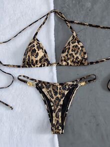 SHEIN Swim 女款優雅Y2K豹紋兩件式比基尼套裝，亮片掛脖三角上衣與高衩丁字褲，米色夏季休閒海灘度假泳衣 - 棕色 - 查看 4
