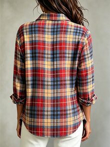 SHEIN Holidaya 女款格紋長袖單排扣休閒寬鬆襯衫 - 彩色 - 查看 2