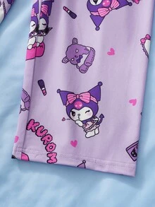 HELLO KITTY AND FRIENDS | SHEIN طقم ملابس منزلية للبنات الصغيرات بطبعة كرتونية لطيفة، ملابس علوية برقبة دائرية وبنطال طويل - الأرجواني - مشاهدة 8