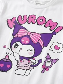 HELLO KITTY AND FRIENDS | SHEIN طقم ملابس منزلية للبنات الصغيرات بطبعة كرتونية لطيفة، ملابس علوية برقبة دائرية وبنطال طويل - الأرجواني - مشاهدة 5