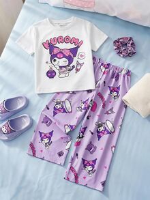 HELLO KITTY AND FRIENDS | SHEIN طقم ملابس منزلية للبنات الصغيرات بطبعة كرتونية لطيفة، ملابس علوية برقبة دائرية وبنطال طويل - الأرجواني - مشاهدة 3