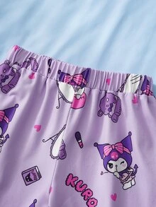 HELLO KITTY AND FRIENDS | SHEIN طقم ملابس منزلية للبنات الصغيرات بطبعة كرتونية لطيفة، ملابس علوية برقبة دائرية وبنطال طويل - الأرجواني - مشاهدة 7