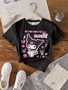 HELLO KITTY AND FRIENDS | SHEIN Tween Girl Letter Cartoon Print Casual Daily Short Sleeve T-Shirt - White - View 4