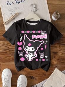 HELLO KITTY AND FRIENDS | SHEIN Tween Girl Letter Cartoon Print Casual Daily Short Sleeve T-Shirt - White - View 3