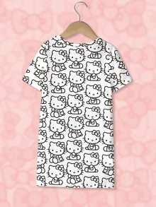 HELLO KITTY AND FRIENDS | SHEIN 女童夏季休閒卡通印花洋裝 - 白色 - 查看 2