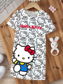 HELLO KITTY AND FRIENDS | SHEIN 女童夏季休閒卡通印花洋裝 - 白色 - 查看 3