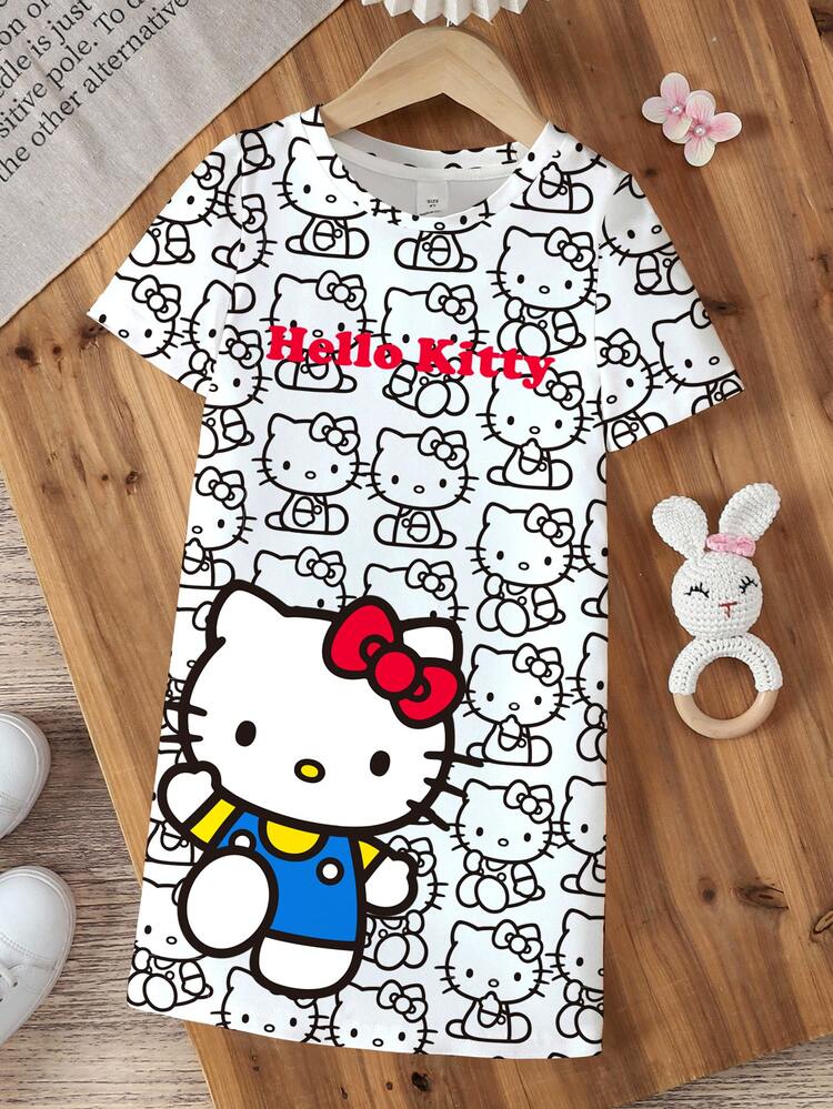 HELLO KITTY AND FRIENDS | SHEIN 女童夏季休閒卡通印花洋裝 - 白色 - 查看 3