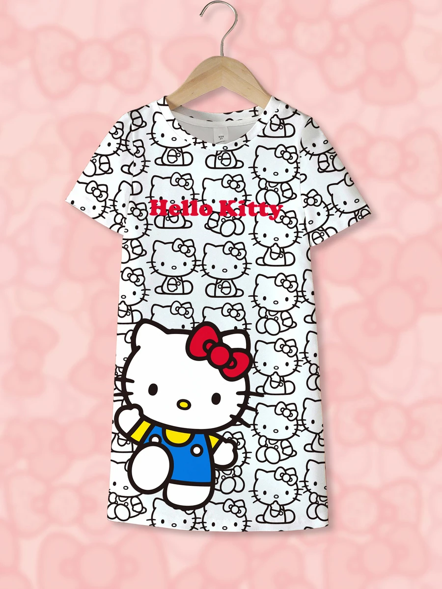 HELLO KITTY AND FRIENDS | SHEIN 女童夏季休閒卡通印花洋裝 - 白色 - 查看 1