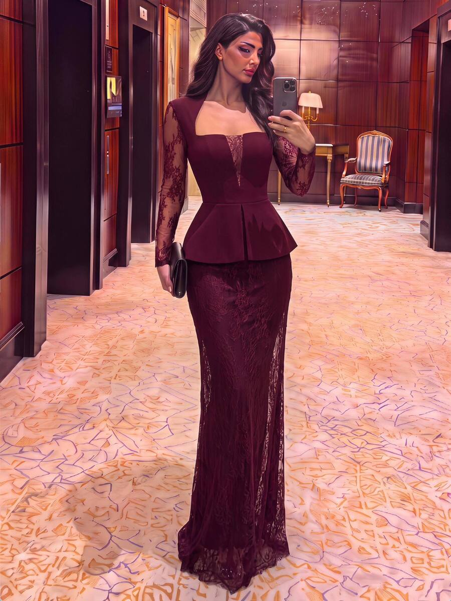 Aureia فستان رسمي باللون البرغندي بياقة مربعة وأكمام طويلة من الدانتيل الشفاف، تصميم 2 في 1 وقصة عمودية بطول الأرض لحفلات الجالا وضيفة الزفاف - أحمر بنفسجي - مشاهدة 1