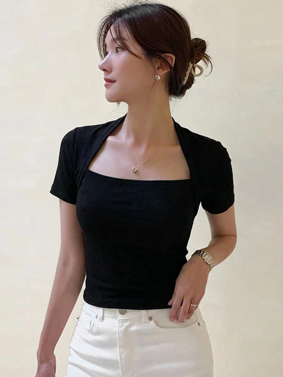 DAZY 女士纯色网眼拼接修身短袖T恤,春夏可爱上衣 - 黑色 - 查看 1