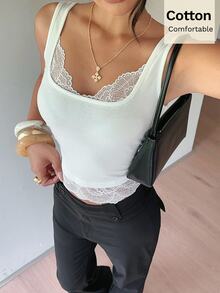 Siren Gaze Comfortable Pure Cotton Camisole With Lace Trim; A Form-Fitting Style Suitable For Both Street And Casual Elegant Basic Wear Brunch White Summer - White - View 4