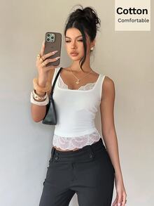 Siren Gaze Comfortable Pure Cotton Camisole With Lace Trim; A Form-Fitting Style Suitable For Both Street And Casual Elegant Basic Wear Brunch White Summer - White - View 6