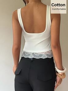 Siren Gaze Comfortable Pure Cotton Camisole With Lace Trim; A Form-Fitting Style Suitable For Both Street And Casual Elegant Basic Wear Brunch White Summer - White - View 2