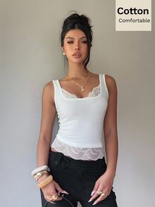 Siren Gaze Comfortable Pure Cotton Camisole With Lace Trim; A Form-Fitting Style Suitable For Both Street And Casual Elegant Basic Wear Brunch White Summer - White - View 3