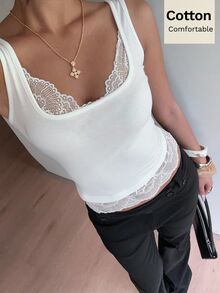 Siren Gaze Comfortable Pure Cotton Camisole With Lace Trim; A Form-Fitting Style Suitable For Both Street And Casual Elegant Basic Wear Brunch White Summer - White - View 5