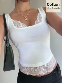 Siren Gaze Comfortable Pure Cotton Camisole With Lace Trim; A Form-Fitting Style Suitable For Both Street And Casual Elegant Basic Wear Brunch White Summer - White - View 9