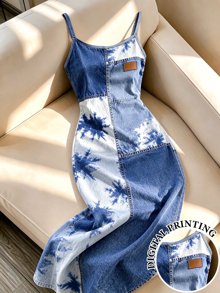 Resyla 新品熱銷款:特殊紮染印花布料,修身版型,女款細肩帶修身長洋裝 - 彩色 - 查看 1
