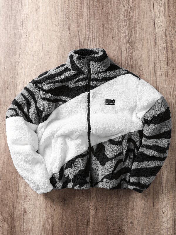 Manfinity Joysei Men's Fleece Zip-Up Collar Letter Graphic Jacket,Black And White,Autumn,Streetwear,Hiking,Windbreaker,Outdoor Parka,Winter Casual Street Wear Jacket