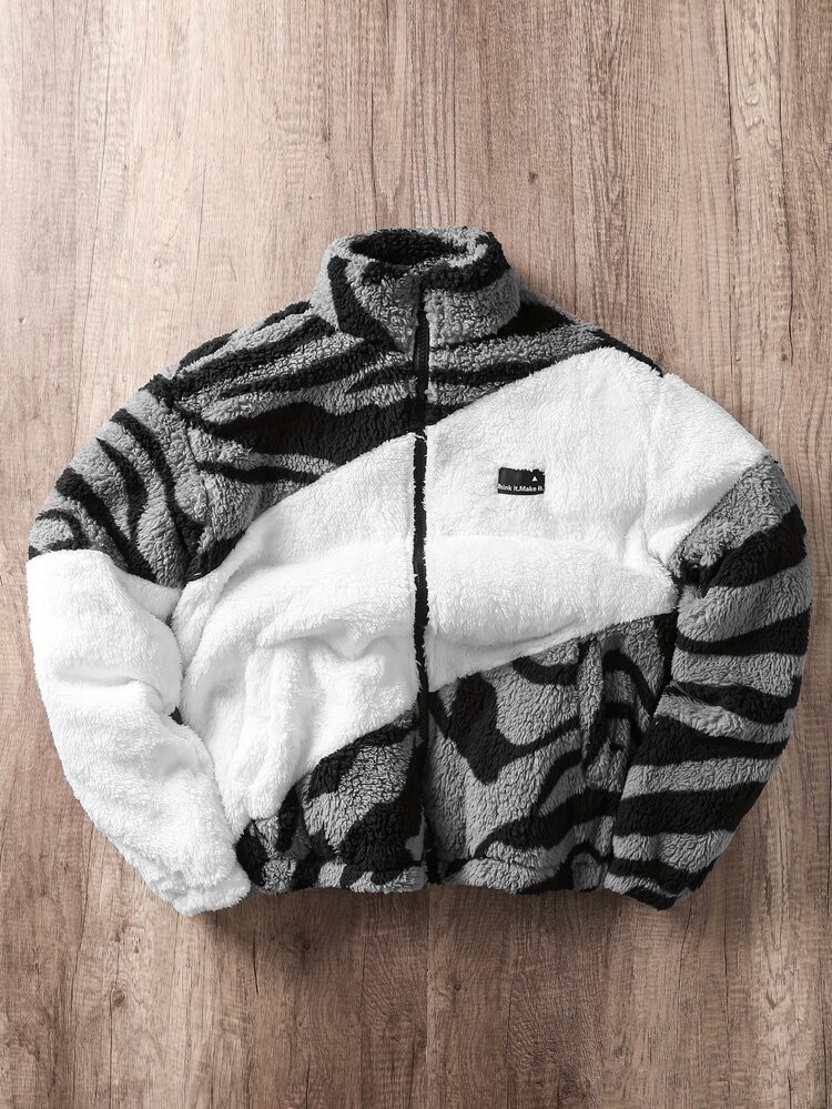 Daypath Jaket Fleece Pria dengan Resleting dan Kerah, Motif Huruf, Hitam dan Putih, Musim Gugur, Pakaian Jalanan, Mendaki, Jaket Anti Angin, Parka Luar Ruangan, Jaket Kasual Musim Dingin untuk Jalanan - Putih - View 1