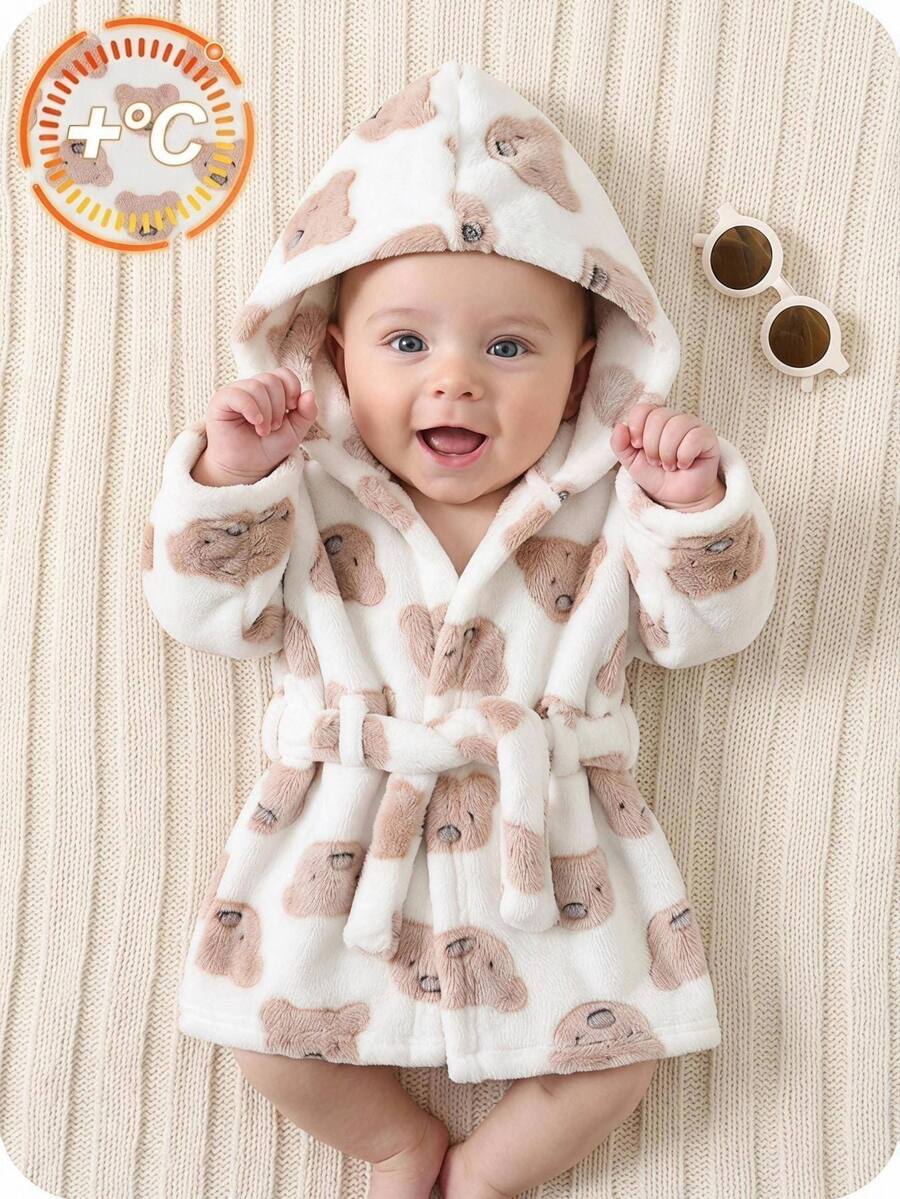 SHEIN Jubah Tidur Bayi Laki-laki Baru Lahir Lucu, Berbulu, Bermotif Huruf Biru, Berkerudung, Pakaian Tidur Bayi Laki-laki, Jubah Mandi Musim Gugur dan Musim Dingin - MultiWarna - View 1