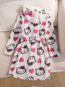 HELLO KITTY AND FRIENDS | SHEIN رداء منزلي كاجوال يومي بقلنسوة مطبوع برسومات كرتونية للفتيات المراهقات - أبيض - مشاهدة 2