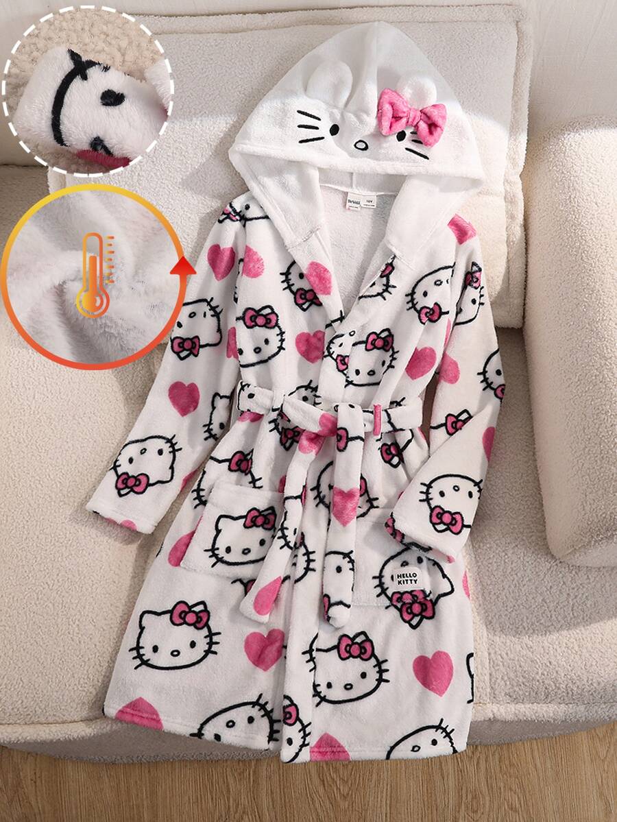 HELLO KITTY AND FRIENDS | SHEIN رداء منزلي كاجوال يومي بقلنسوة مطبوع برسومات كرتونية للفتيات المراهقات - أبيض - مشاهدة 1