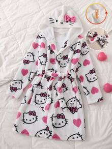 HELLO KITTY AND FRIENDS | SHEIN رداء منزلي كاجوال يومي بقلنسوة مطبوع برسومات كرتونية للفتيات المراهقات - أبيض - مشاهدة 8