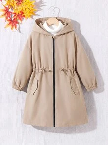 SHEIN 少女休閒字母裝飾寬鬆文字膠帶連帽口袋中長版派克外套 秋季夾克 - 卡其色 - 查看 7