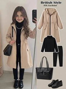 SHEIN 少女休閒字母裝飾寬鬆文字膠帶連帽口袋中長版派克外套 秋季夾克 - 卡其色 - 查看 2
