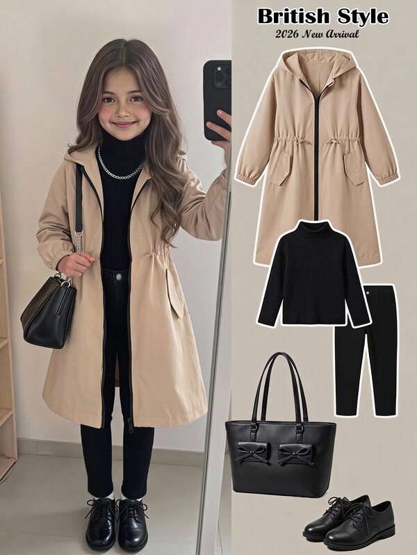 SHEIN Young Girl Young Girl Young Girl Casual Letter Decor Loose Text Tape Hooded Pocket Mid-Length Parka Autumn Jacket