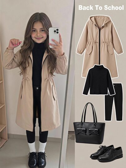 SHEIN Young Girl Young Girl Young Girl Casual Letter Decor Loose Text Tape Hooded Pocket Mid-Length Parka Autumn Jacket