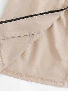 SHEIN 少女休閒字母裝飾寬鬆文字膠帶連帽口袋中長版派克外套 秋季夾克 - 卡其色 - 查看 10