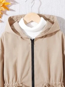 SHEIN 少女休閒字母裝飾寬鬆文字膠帶連帽口袋中長版派克外套 秋季夾克 - 卡其色 - 查看 8