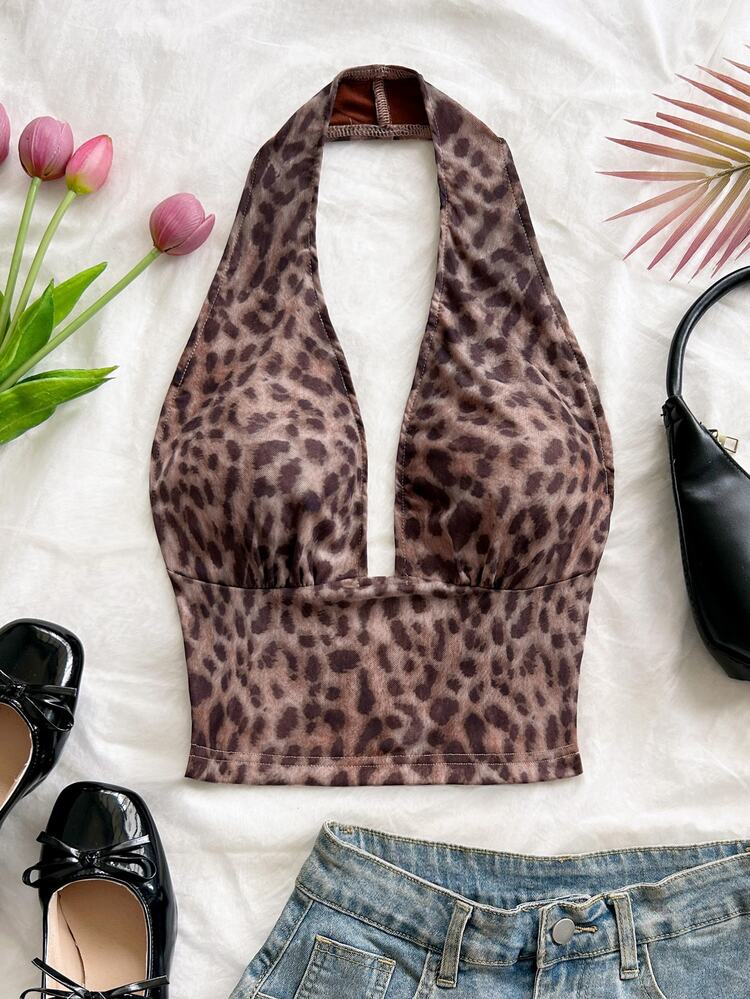 Soleia Women's Leopard Print Fashion Versatile Daily Wear Halter Top - Multicolor - View 1