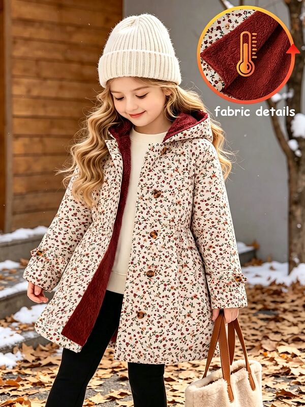 Souflis Souflis Mantel Musim Dingin untuk Anak Perempuan, Aprikot Muda dengan Motif Bunga Kecil, Lapisan Termal, Berkerudung, Kancing Ganda, Jaket Lengan Panjang Modis, Cocok untuk Pakaian Kasual Sehari-hari, Gaya Pedesaan yang Imut