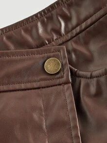 SHEIN MOD 大码复古棕色不对称叠层短裤 - 学院风、70年代风格、休闲舒适、通勤装、老钱美学，适合学校、教学和办公场合穿着，棕色皮质短裤，棕色，及地踝靴，70年代风格，棕色裙子 - 棕色 - 查看 3
