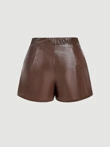 SHEIN MOD 大码复古棕色不对称叠层短裤 - 学院风、70年代风格、休闲舒适、通勤装、老钱美学，适合学校、教学和办公场合穿着，棕色皮质短裤，棕色，及地踝靴，70年代风格，棕色裙子 - 棕色 - 查看 2