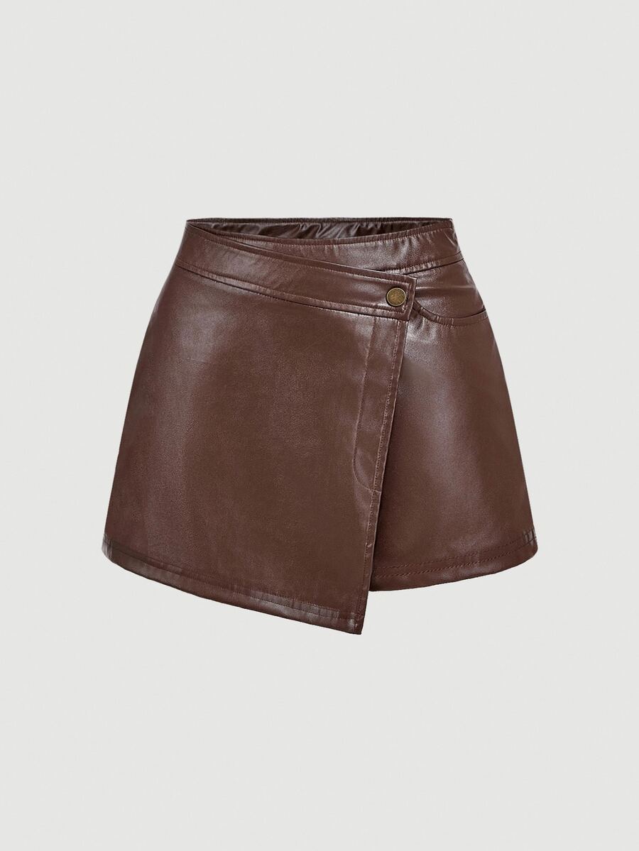 SHEIN MOD 大码复古棕色不对称叠层短裤 - 学院风、70年代风格、休闲舒适、通勤装、老钱美学,适合学校、教学和办公场合穿着,棕色皮质短裤,棕色,及地踝靴,70年代风格,棕色裙子 - 棕色 - 查看 1