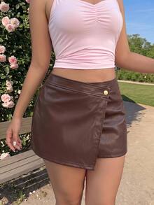 SHEIN MOD 大码复古棕色不对称叠层短裤 - 学院风、70年代风格、休闲舒适、通勤装、老钱美学，适合学校、教学和办公场合穿着，棕色皮质短裤，棕色，及地踝靴，70年代风格，棕色裙子 - 棕色 - 查看 5