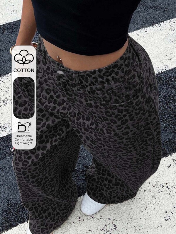 DAZY Celana Jeans Kasual Longgar Motif Leopard yang Modis, Nyaman, dan Bernapas untuk Wanita (Y2K)