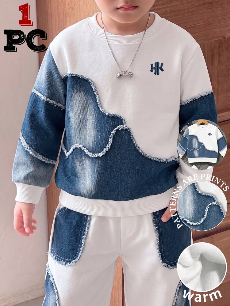 Sweatshirt Anak Laki-Laki Model Denim Imitasi Patchwork Kerah Bulat dengan Tepi Kasar dan Cetakan Grafis, Atasan Kasual Musim Gugur untuk Anak Laki-Laki - MultiWarna - View 1