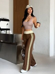 Muchica Women's Brown High Waist Contrast Pink Side Stripe Lightweight Slimming Booty Lift Sports Pants Breathable Gym Running Training Activewear Summer - Brown - View 7
