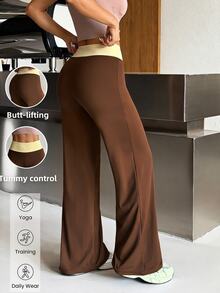 Muchica Women's Brown High Waist Contrast Pink Side Stripe Lightweight Slimming Booty Lift Sports Pants Breathable Gym Running Training Activewear Summer - Brown - View 3