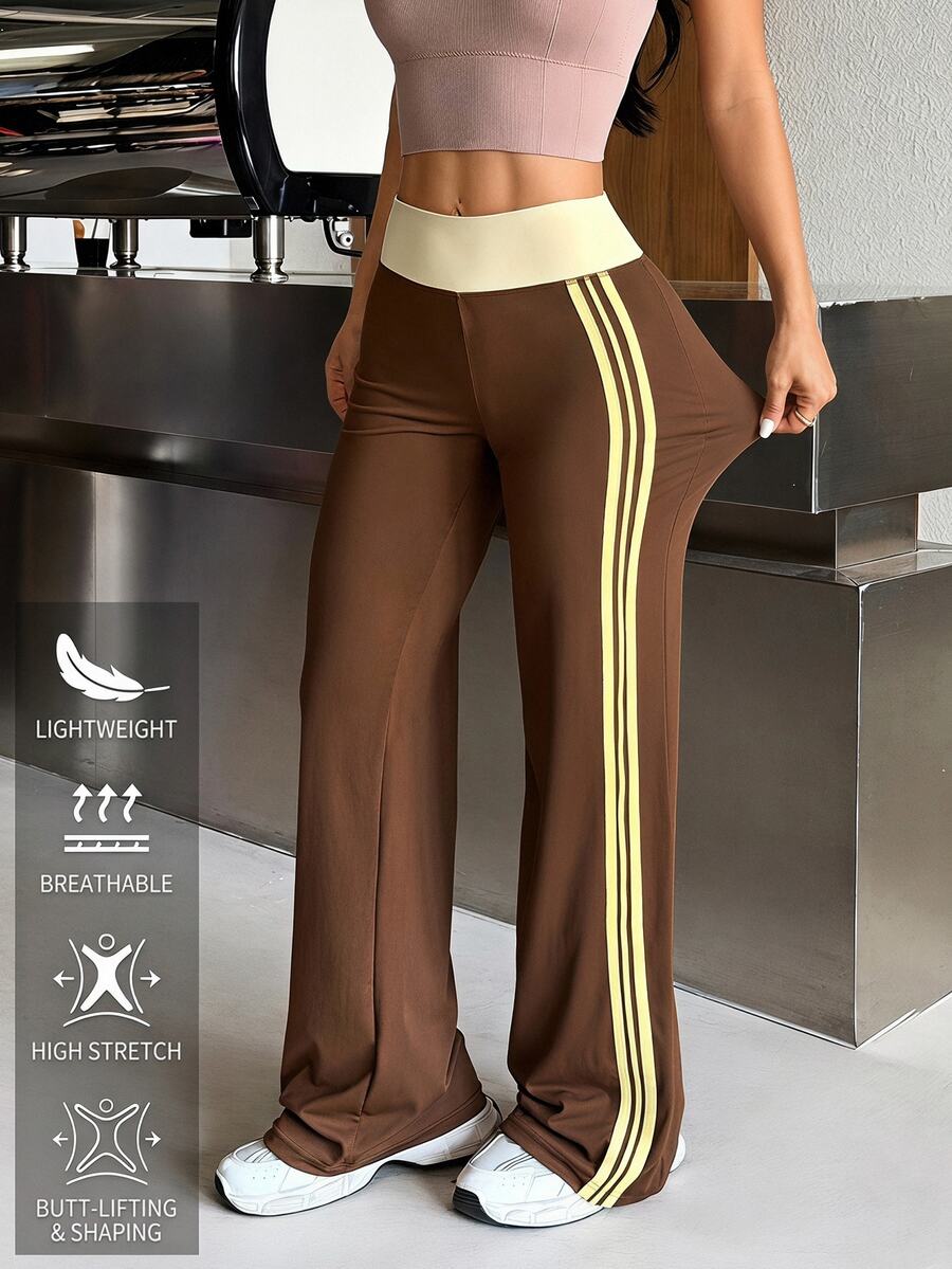 Muchica Women's Brown High Waist Contrast Pink Side Stripe Lightweight Slimming Booty Lift Sports Pants Breathable Gym Running Training Activewear Summer