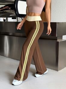 Muchica Women's Brown High Waist Contrast Pink Side Stripe Lightweight Slimming Booty Lift Sports Pants Breathable Gym Running Training Activewear Summer - Brown - View 8