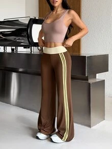 Muchica Women's Brown High Waist Contrast Pink Side Stripe Lightweight Slimming Booty Lift Sports Pants Breathable Gym Running Training Activewear Summer - Brown - View 10