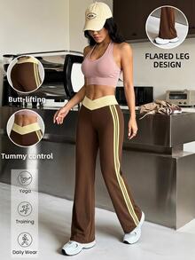 Muchica Women's Brown High Waist Contrast Pink Side Stripe Lightweight Slimming Booty Lift Sports Pants Breathable Gym Running Training Activewear Summer - Brown - View 5