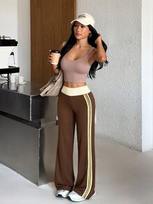 Muchica Women's Brown High Waist Contrast Pink Side Stripe Lightweight Slimming Booty Lift Sports Pants Breathable Gym Running Training Activewear Summer - Brown - View 11