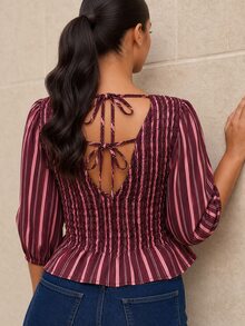 ELLERISSA Atasan Peplum Leher Bulat Berkerut Garis-Garis Warna-warni Ukuran Besar - MultiWarna - View 2